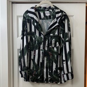 Plush Black and White Striped Pajama Top and short bottom with Green Leaf Print